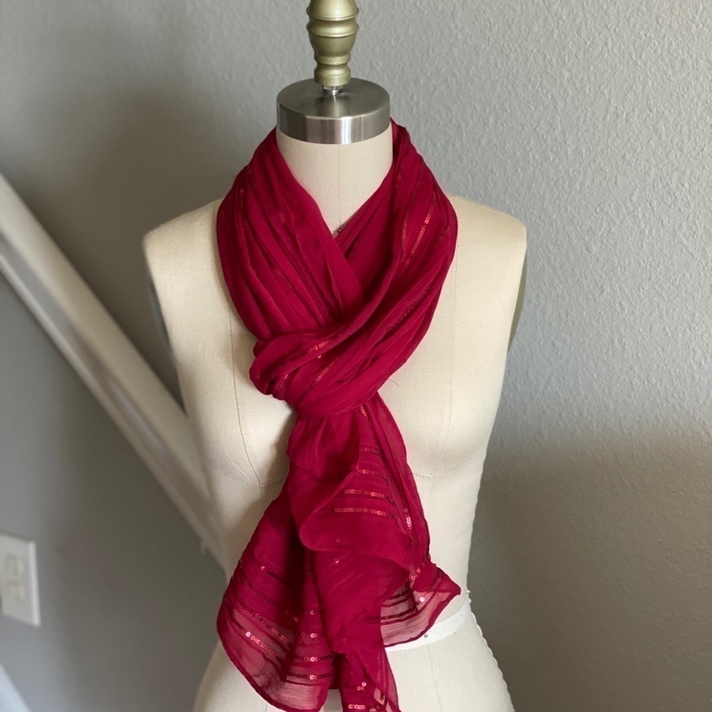 Michael Stars Red Chiffon Scarf Sequin Trim - Picture 2 of 5